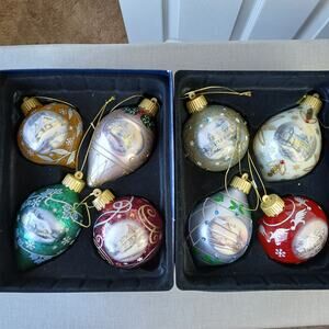 8 Thomas Kinkade "Sparkle of Winter" Luminary Glass Ornaments, 2 Sets of 4 +COA